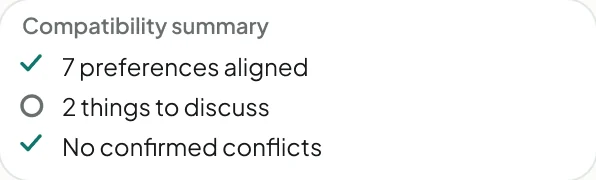 A compatibility summary: 7 preferences aligned, 2 things to discuss, no confirmed conflicts.